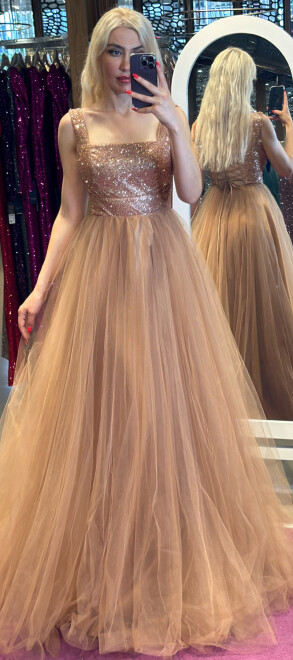 Copper Thick Strap Flared Skirt Tulle Long Evening Dress 7391 