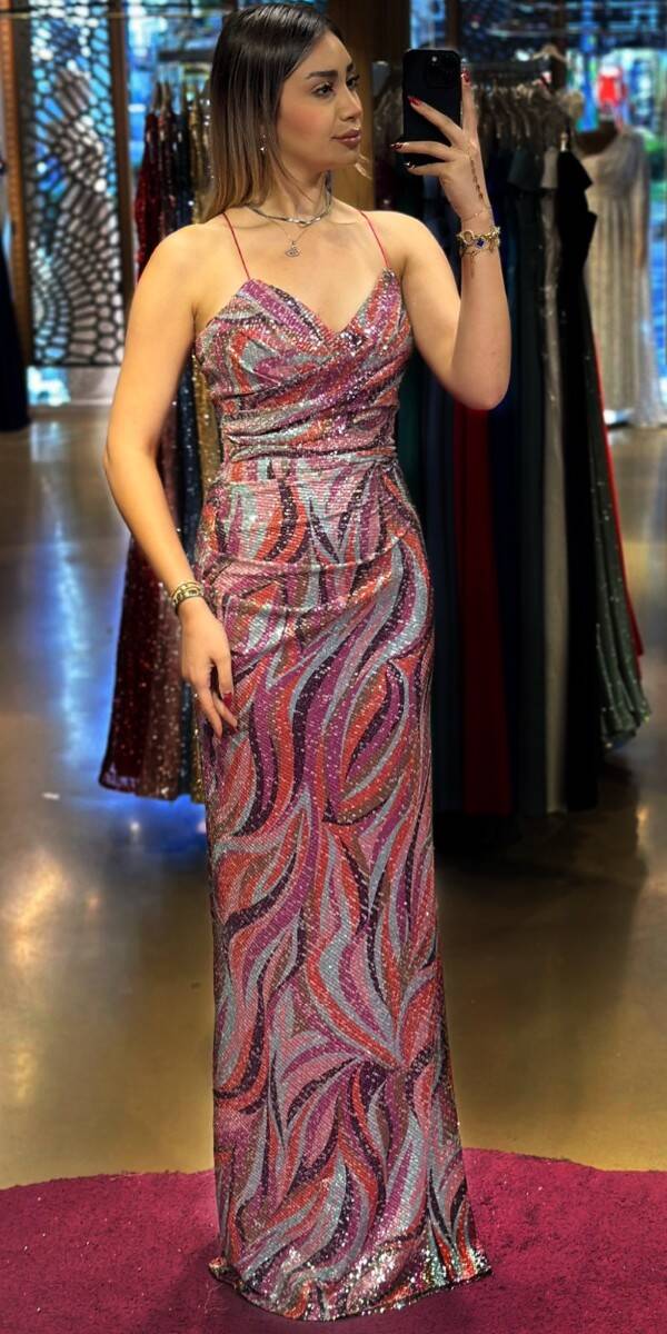 Fuchsia Spaghetti Strap Low-Cut Back Straight Cut Patterned Long Evening Dress 7639 - 1