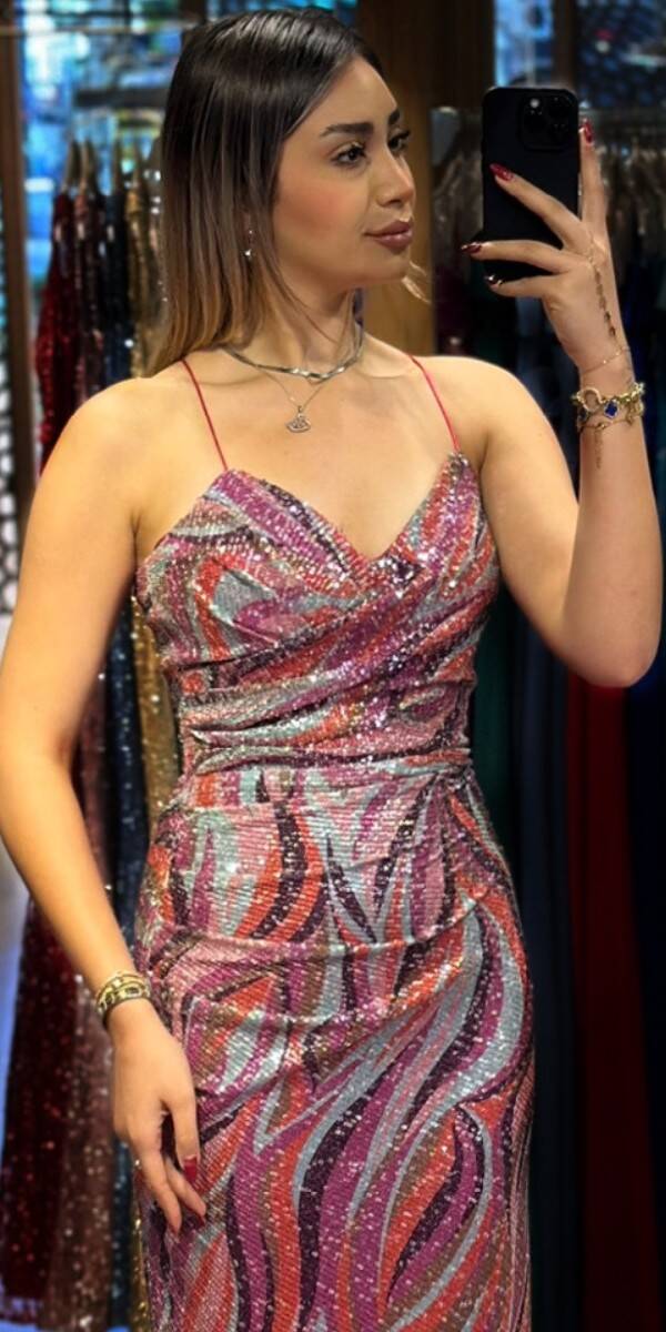 Fuchsia Spaghetti Strap Low-Cut Back Straight Cut Patterned Long Evening Dress 7639 - 2