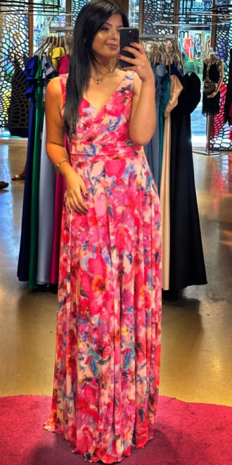 Fuchsia Thick Strap Flared Skirt Patterned Long Evening Dress 7594 