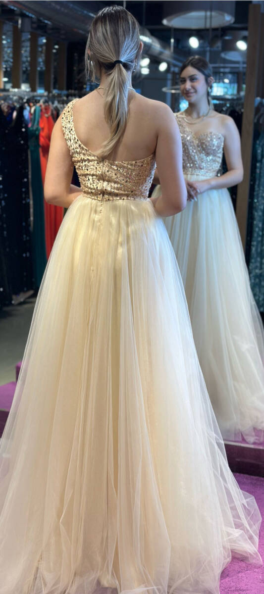 Gold One Shoulder Flared Skirt Tulle Long Evening Dress 7423 - 5