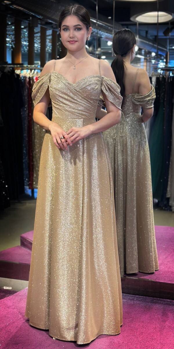 Gold Spaghetti Strap Low-Cut Back Wrap Slit Flared Skirt Glitter Long Evening Dress 7633 - 1