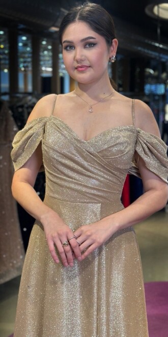 Gold Spaghetti Strap Low-Cut Back Wrap Slit Flared Skirt Glitter Long Evening Dress 7633 - 2