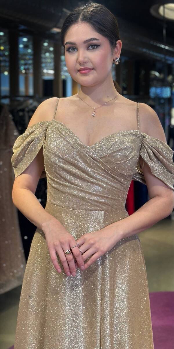 Gold Spaghetti Strap Low-Cut Back Wrap Slit Flared Skirt Glitter Long Evening Dress 7633 - 2