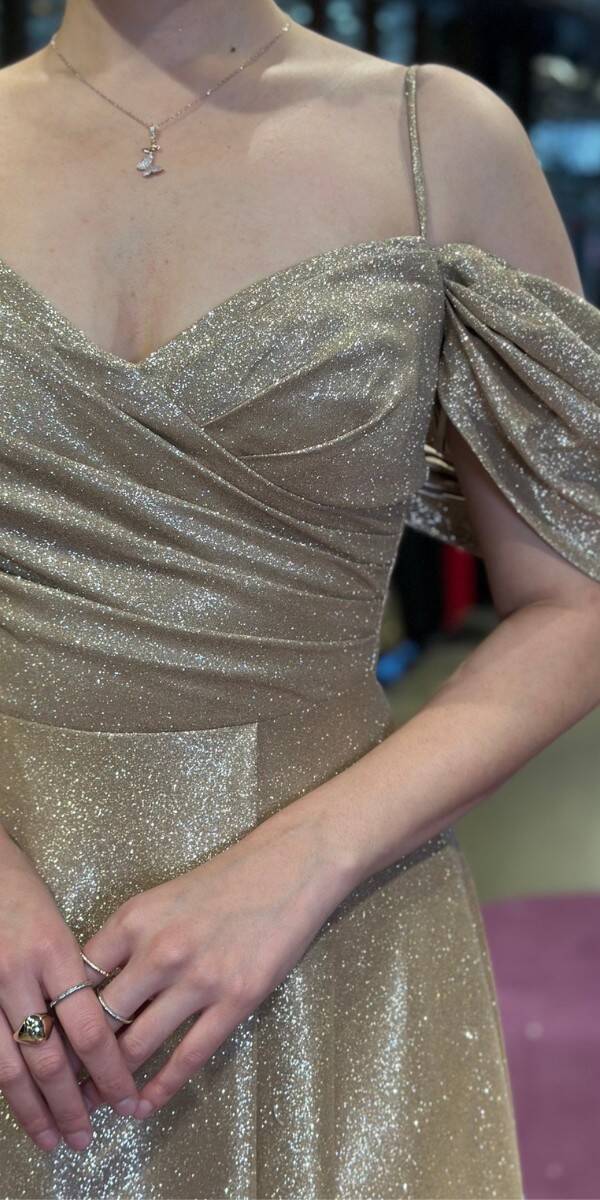 Gold Spaghetti Strap Low-Cut Back Wrap Slit Flared Skirt Glitter Long Evening Dress 7633 - 3