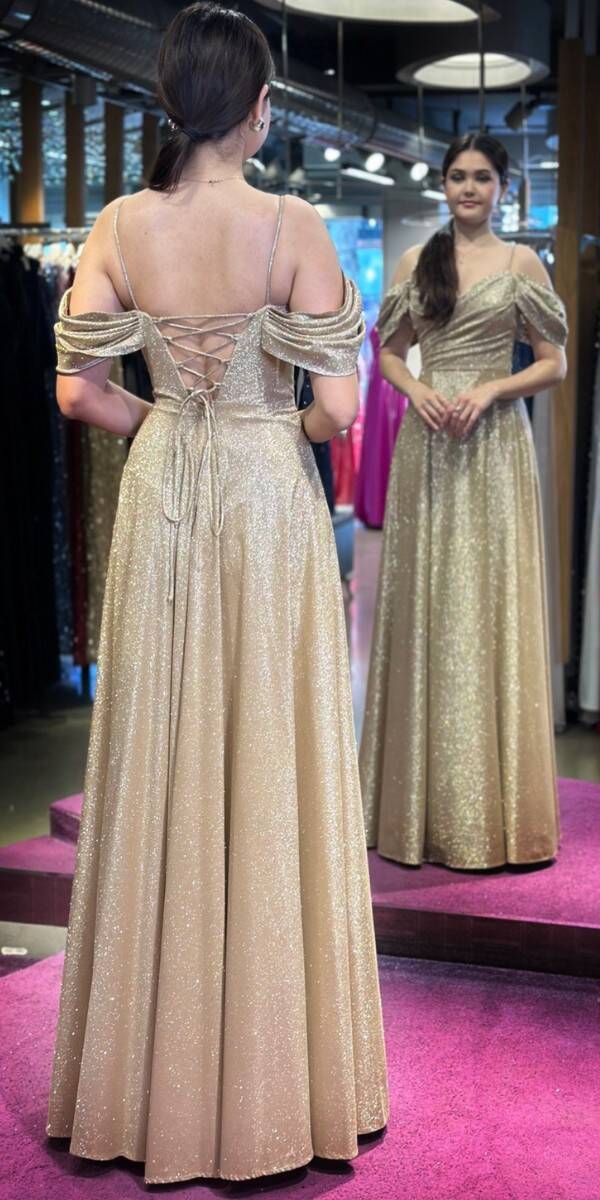 Gold Spaghetti Strap Low-Cut Back Wrap Slit Flared Skirt Glitter Long Evening Dress 7633 - 4
