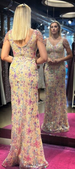 Gold Thick Strap Beaded Straight Cut Patterned Long Evening Dress 7584 - 5