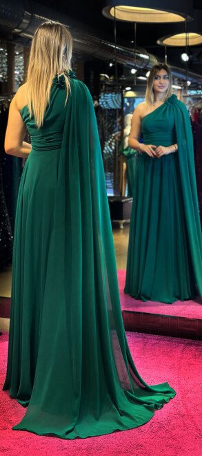 Green One Shoulder Floral Detailed Flared Skirt Chiffon Long Evening Dress 7401 - 5