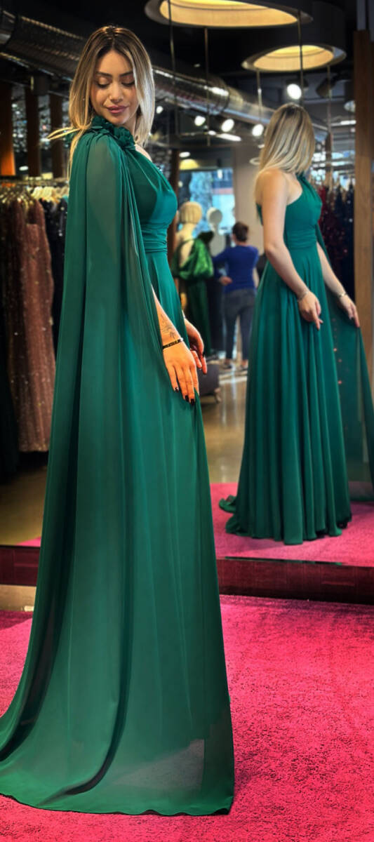 Green One Shoulder Floral Detailed Flared Skirt Chiffon Long Evening Dress 7401 - 3
