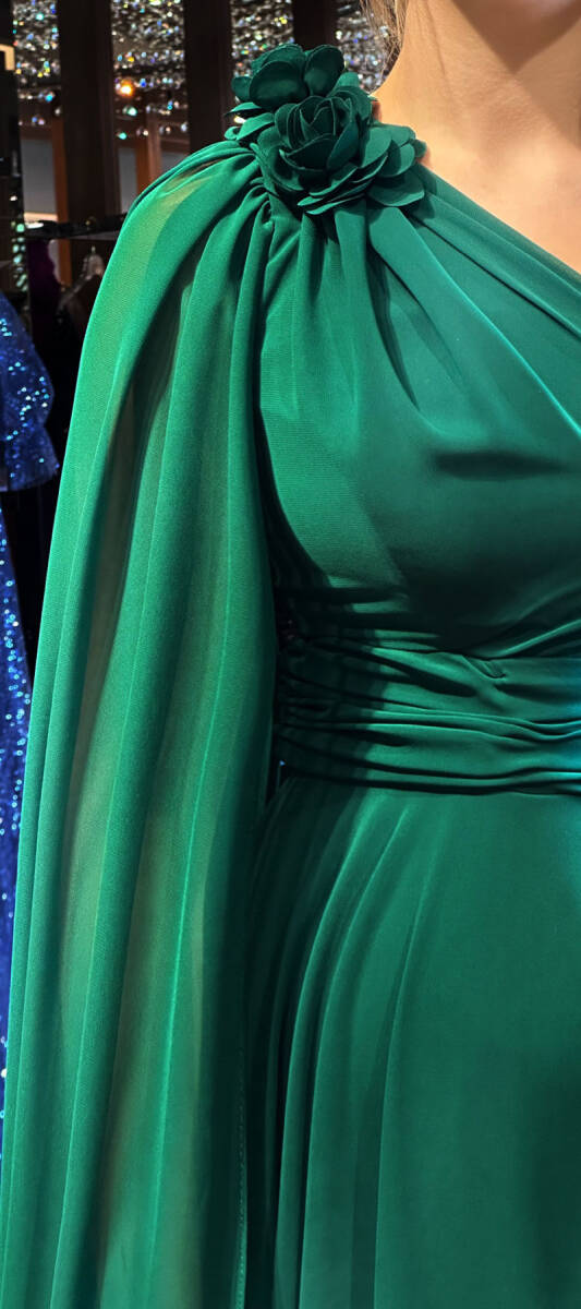 Green One Shoulder Floral Detailed Flared Skirt Chiffon Long Evening Dress 7401 - 4