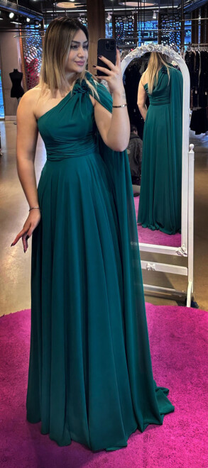 Green One Shoulder Floral Detailed Flared Skirt Chiffon Long Evening Dress 7401 