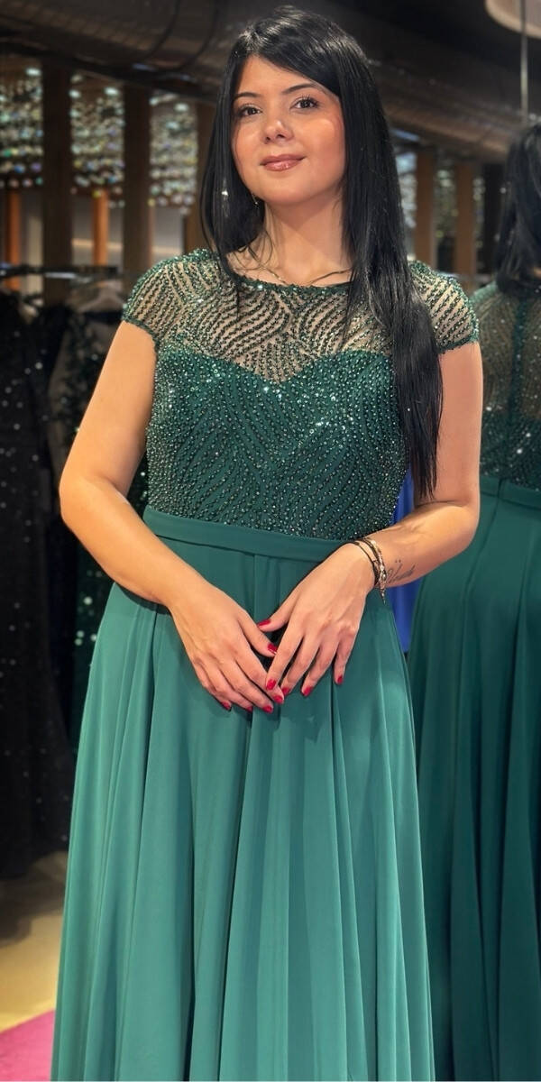 Green Short Sleeve Flared Skirt Chiffon Long Evening Dress 7479 - 2