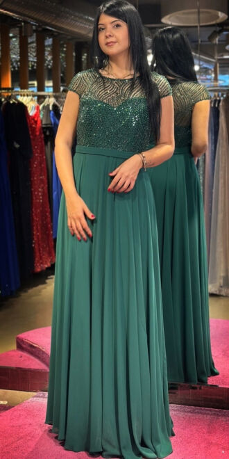Green Short Sleeve Flared Skirt Chiffon Long Evening Dress 7479 