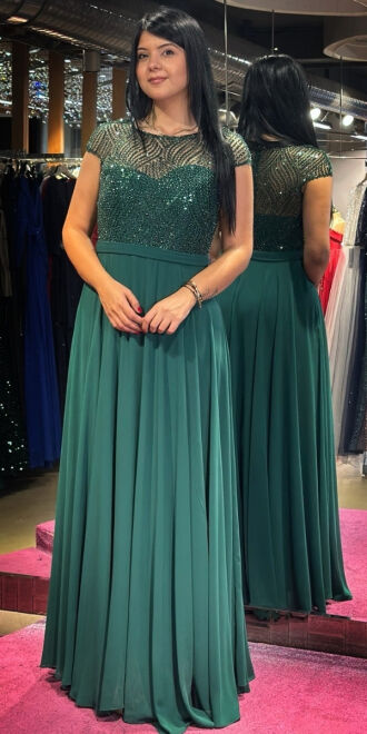 Green Short Sleeve Flared Skirt Chiffon Long Evening Dress 7479 - 3