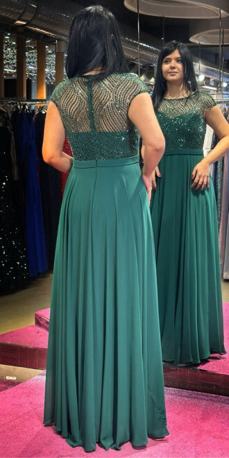 Green Short Sleeve Flared Skirt Chiffon Long Evening Dress 7479 - 5