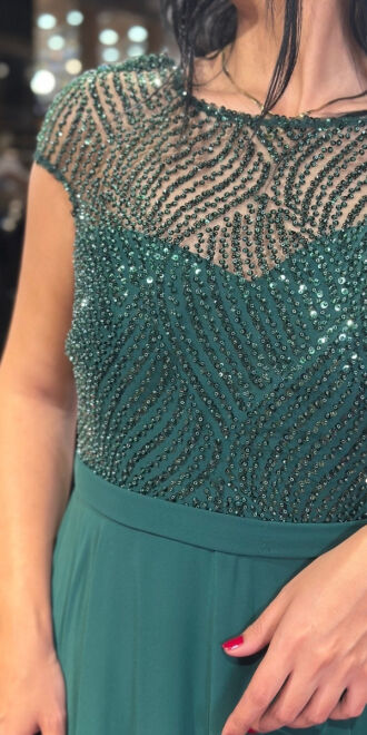 Green Short Sleeve Flared Skirt Chiffon Long Evening Dress 7479 - 4