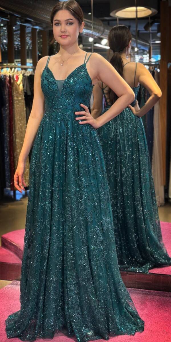 Green Spaghetti Strap Low-Cut Back Flared Skirt Glitter Long Evening Dress 7635 - 1