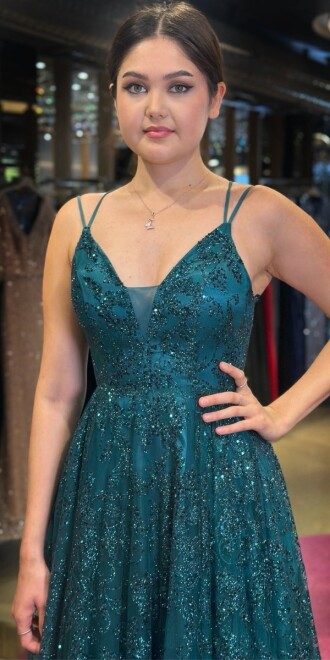 Green Spaghetti Strap Low-Cut Back Flared Skirt Glitter Long Evening Dress 7635 - 2