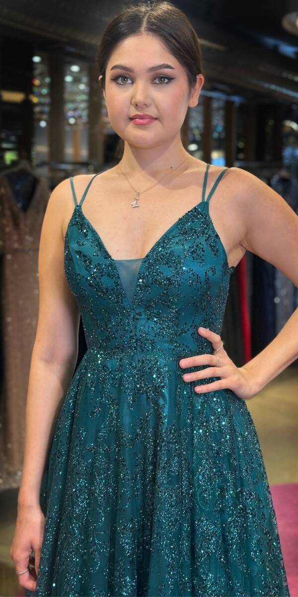 Green Spaghetti Strap Low-Cut Back Flared Skirt Glitter Long Evening Dress 7635 - 2