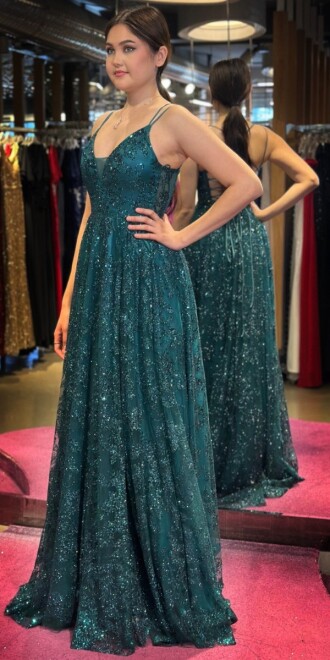 Green Spaghetti Strap Low-Cut Back Flared Skirt Glitter Long Evening Dress 7635 - 3