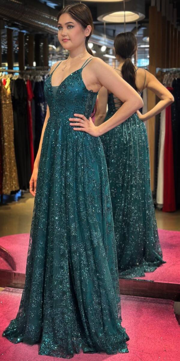 Green Spaghetti Strap Low-Cut Back Flared Skirt Glitter Long Evening Dress 7635 - 3