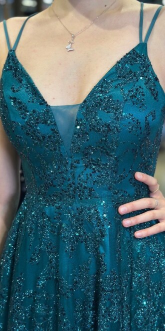 Green Spaghetti Strap Low-Cut Back Flared Skirt Glitter Long Evening Dress 7635 - 4