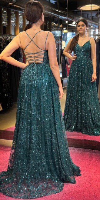 Green Spaghetti Strap Low-Cut Back Flared Skirt Glitter Long Evening Dress 7635 - 5
