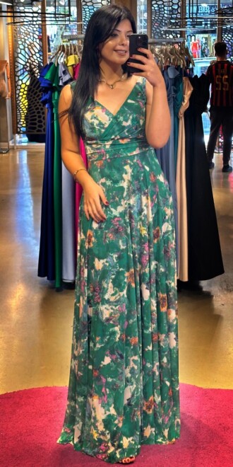 Green Thick Strap Flared Skirt Patterned Long Evening Dress 7594 
