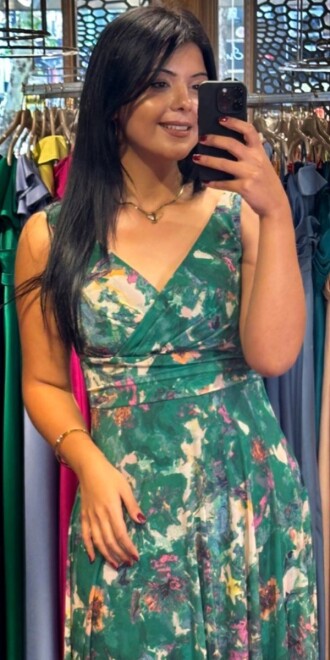 Green Thick Strap Flared Skirt Patterned Long Evening Dress 7594 - 2