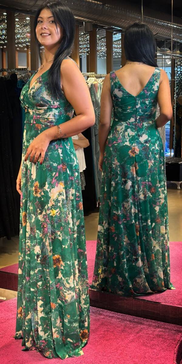 Green Thick Strap Flared Skirt Patterned Long Evening Dress 7594 - 3