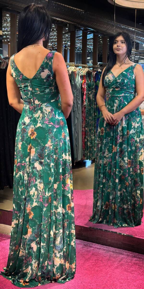 Green Thick Strap Flared Skirt Patterned Long Evening Dress 7594 - 5