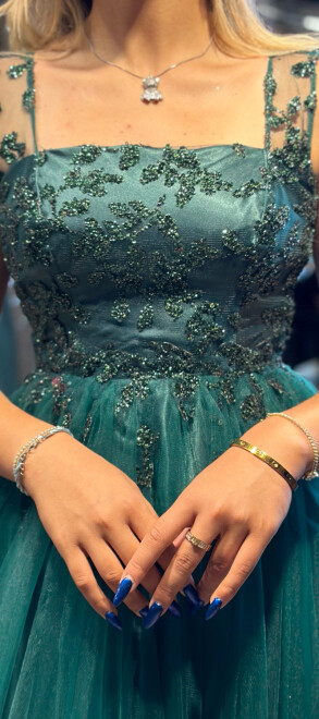 Green Thick Strap Flared Skirt Tulle Long Evening Dress 7403 - 4