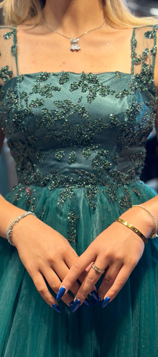 Green Thick Strap Flared Skirt Tulle Long Evening Dress 7403 - 4