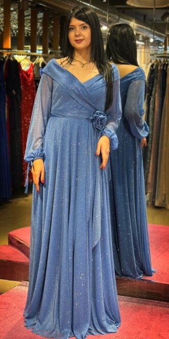Indigo Long Sleeve Floral Detailed Flared Skirt Glitter Long Evening Dress 7656 