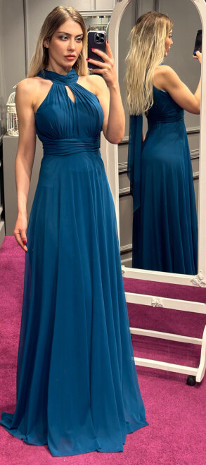 Indigo Low-Cut Back Flared Skirt Tulle Long Evening Dress 6034 