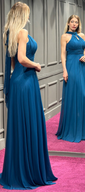 Indigo Low-Cut Back Flared Skirt Tulle Long Evening Dress 6034 - 3