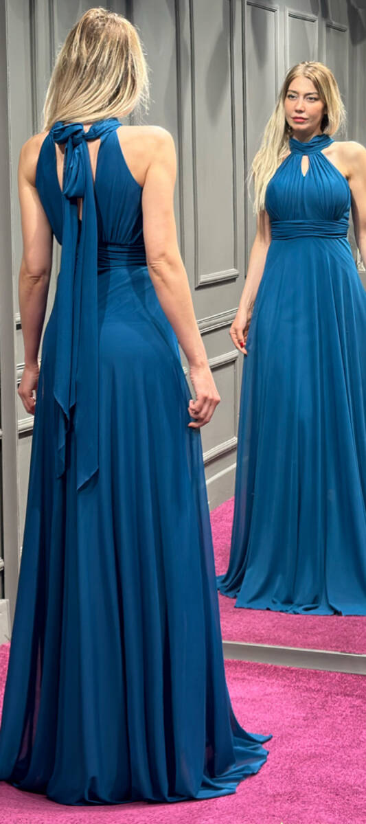 Indigo Low-Cut Back Flared Skirt Tulle Long Evening Dress 6034 - 5