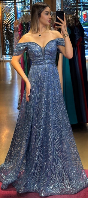 Indigo Low Sleeve Beaded Flared Skirt Glitter Long Evening Dress 7547 