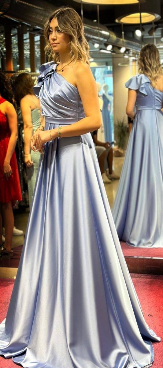Indigo One Shoulder Flared Skirt Satin Long Evening Dress 7501 - 3