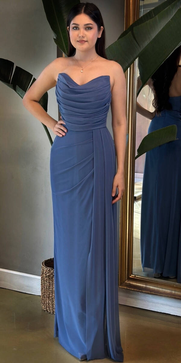 Indigo Slit Straight Cut Lycra Long Evening Dress 7498 - 1