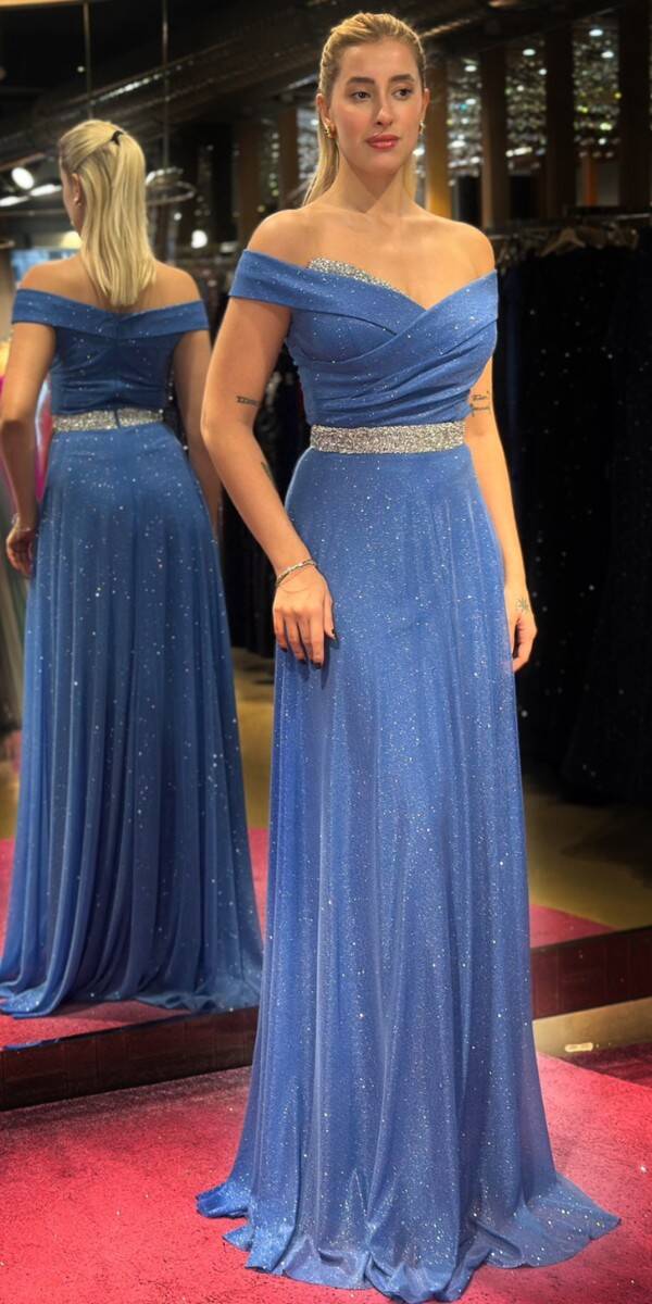 Indigo Stone Detailed Flared Skirt Glitter Long Evening Dress 7661 - 1