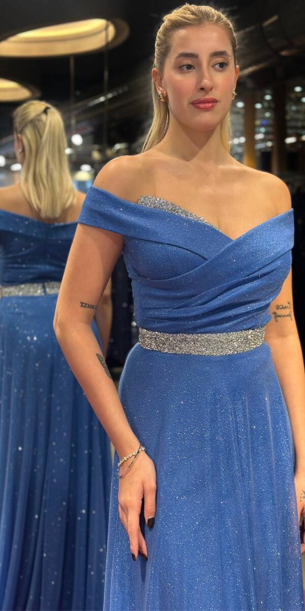 Indigo Stone Detailed Flared Skirt Glitter Long Evening Dress 7661 - 2