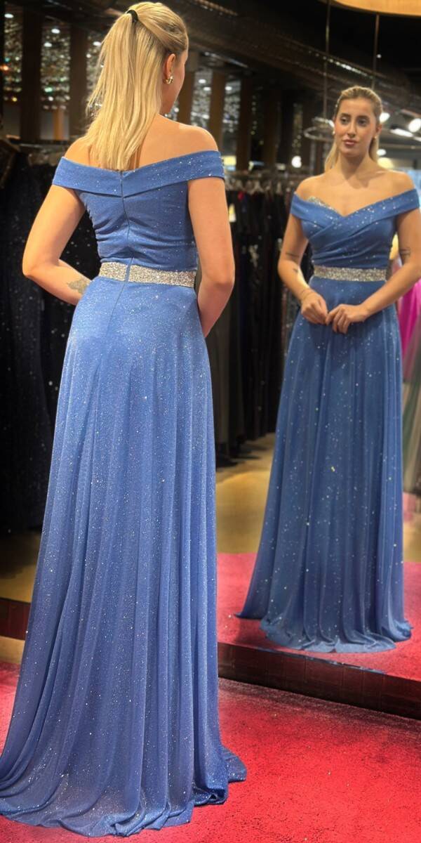 Indigo Stone Detailed Flared Skirt Glitter Long Evening Dress 7661 - 5