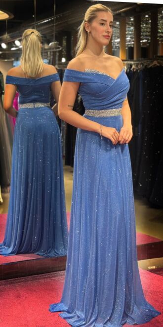 Indigo Stone Detailed Flared Skirt Glitter Long Evening Dress 7661 - 3