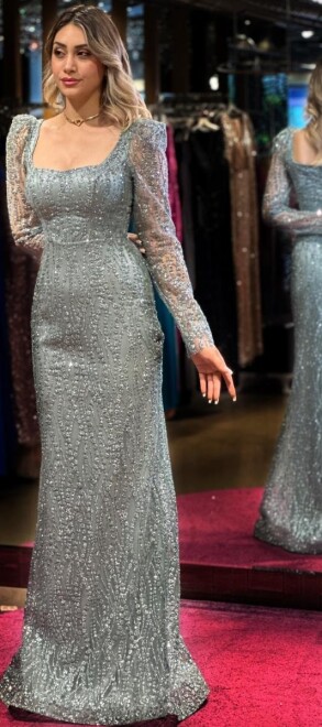 Mint Long Sleeve Mermaid Skirt Glitter Long Evening Dress 7314 - 3