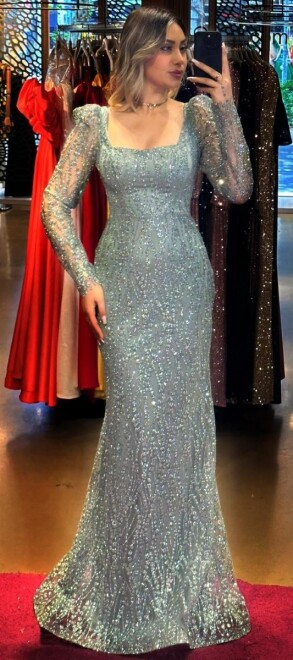 Mint Long Sleeve Mermaid Skirt Glitter Long Evening Dress 7314 