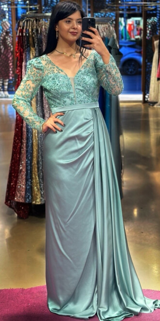 Mint Long Sleeve Slit Straight Cut Satin Long Evening Dress 7244 - 1