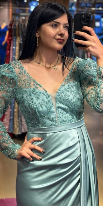 Mint Long Sleeve Slit Straight Cut Satin Long Evening Dress 7244 - 2