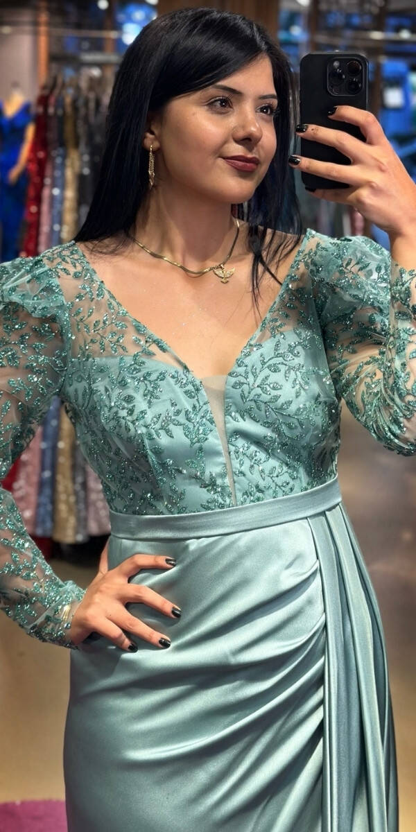 Mint Long Sleeve Slit Straight Cut Satin Long Evening Dress 7244 - 2