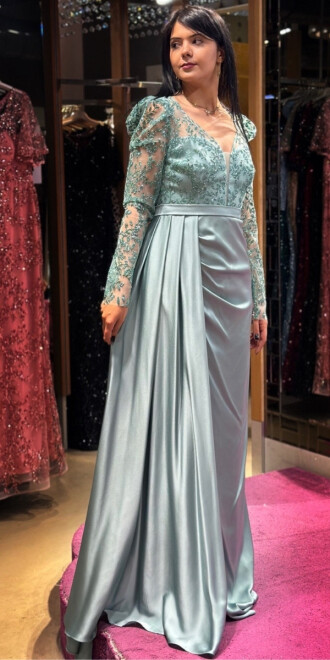 Mint Long Sleeve Slit Straight Cut Satin Long Evening Dress 7244 - 3